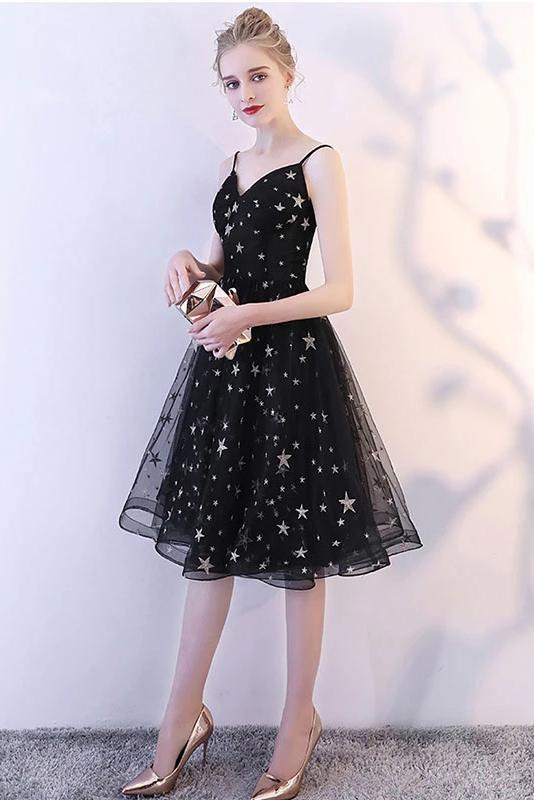 Black Spaghetti Straps V Neck Tulle Graduation Dress with Stars, Glitt cherishgirls Black Spaghetti Straps V Neck Tulle Graduation Dress with Stars, Glitt cherishgirls