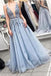 Blue V Neck Tulle Beading Long Prom Dress, Gorgeous Backless Long Evening Dresses UQ2041