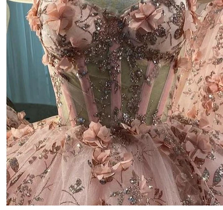Princess Sweetheart Homecoming Dresses with Sequin 3d Flowers, Pink Sweet 16 Dresses chh0113
