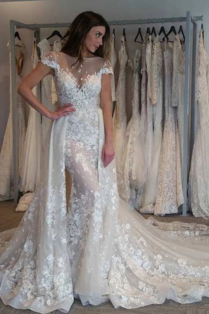 Gorgeous Cap Sleeves Sheer Neck Long Wedding Dress with Detachable Train UQ2485
