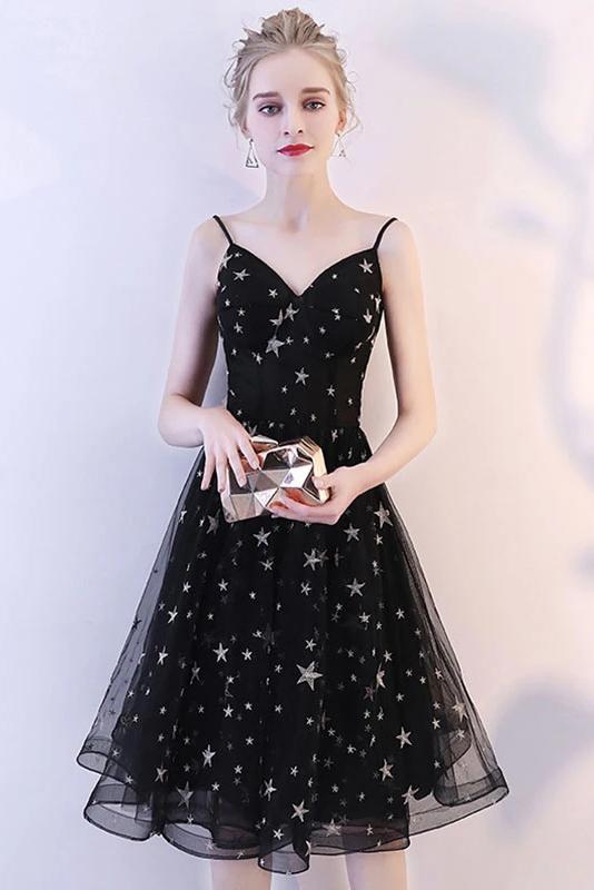 Black Spaghetti Straps V Neck Tulle Graduation Dress with Stars, Glitter Homecoming Dress UQ2147