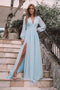 Light Blue Long Sleeves V Neck Chiffon Prom Dress, Elegant Split Long Formal Dresses UQ2604