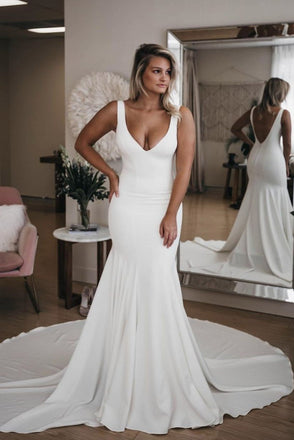 Simple V Neck Mermaid Wedding Dress with Long Train, Sexy Backless Beach Wedding Dress N1723