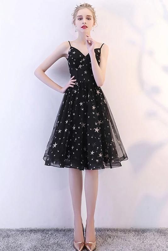 Black Spaghetti Straps V Neck Tulle Graduation Dress with Stars, Glitt cherishgirls Black Spaghetti Straps V Neck Tulle Graduation Dress with Stars, Glitt cherishgirls