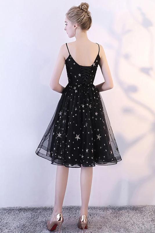 Black Spaghetti Straps V Neck Tulle Graduation Dress with Stars, Glitt cherishgirls Black Spaghetti Straps V Neck Tulle Graduation Dress with Stars, Glitt cherishgirls