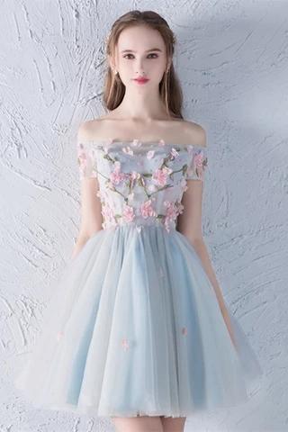 Cute Off the Shoulder Short Prom Dress with Flowers, A Line Appliqued cherishgirls Cute Off the Shoulder Short Prom Dress with Flowers, A Line Appliqued cherishgirls
