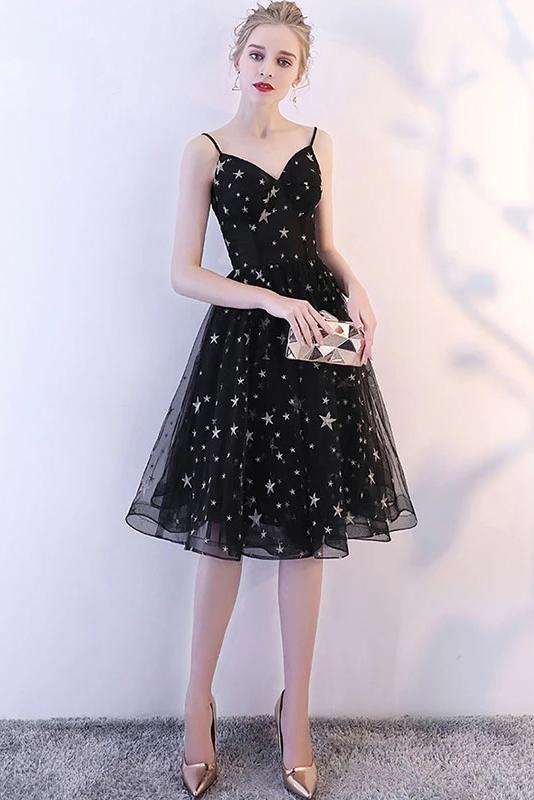 Black Spaghetti Straps V Neck Tulle Graduation Dress with Stars, Glitt cherishgirls Black Spaghetti Straps V Neck Tulle Graduation Dress with Stars, Glitt cherishgirls