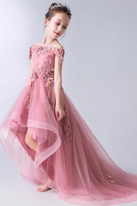 High Low Gorgeous Off the Shoulder With Lace Appliques Sleeveless Tulle Flower Girl Dresses UF071