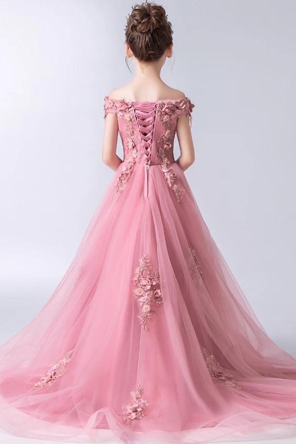High Low Gorgeous Off the Shoulder With Lace Appliques Sleeveless Tulle Flower Girl Dresses UF071