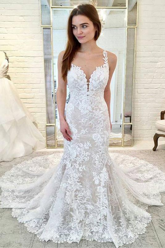 Gorgeous Straps Mermaid Train Lace Wedding Dresses, Lace Bridal Dresses UQ1770