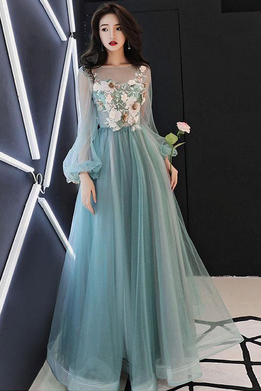 Charming Long Sleeves Tulle Prom Dress with Flowers, A Line Floor Leng cherishgirls Charming Long Sleeves Tulle Prom Dress with Flowers, A Line Floor Leng cherishgirls