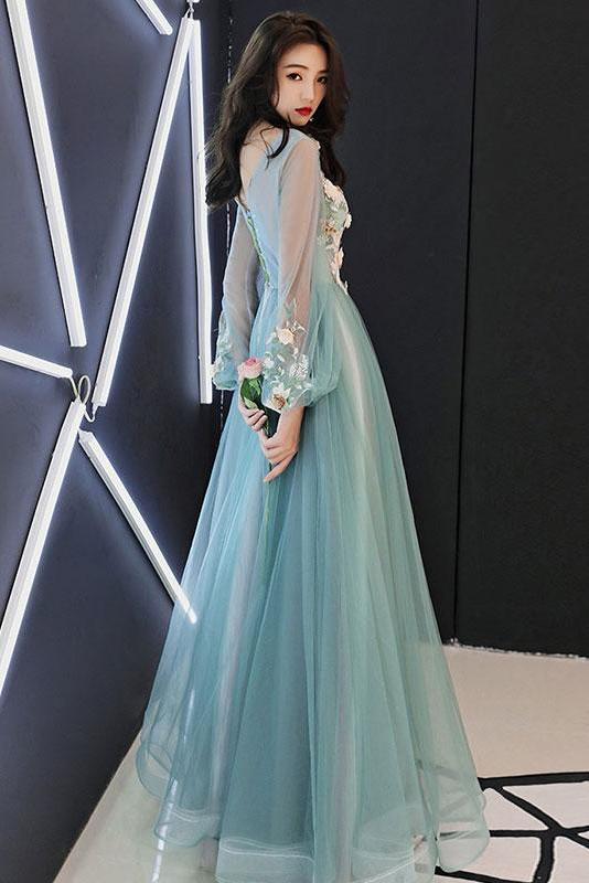 Charming Long Sleeves Tulle Prom Dress with Flowers, A Line Floor Leng – cherishgirls Charming Long Sleeves Tulle Prom Dress with Flowers, A Line Floor Leng – cherishgirls
