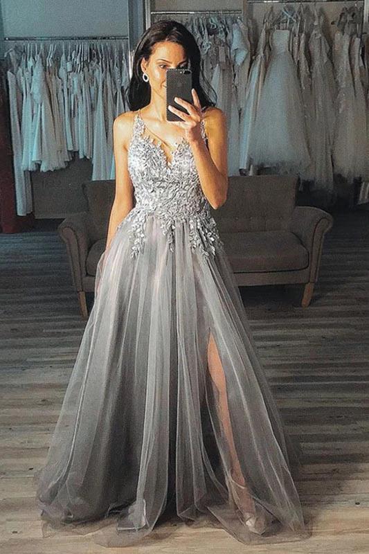 Grey A Line V Neck Long Appliques Tulle Prom Dress, Gray Split Long Ev cherishgirls Grey A Line V Neck Long Appliques Tulle Prom Dress, Gray Split Long Ev cherishgirls