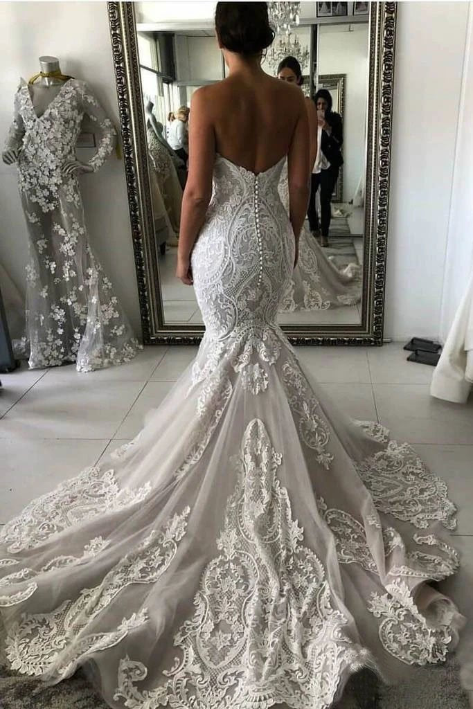 Sexy Sweetheart Mermaid Tulle Wedding Dress with Lace Appliques, Backless Bridal Dress UQ2554