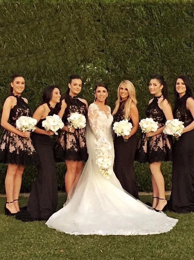 A-Line Black Lace Appliques Open Back Halter Short Bridesmaid Dresses chb0004