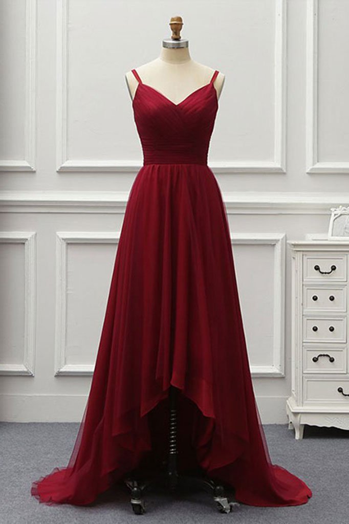 A Line High Low Tulle Prom Dress with Train, Burgundy V Neck Backless cherishgirls A Line High Low Tulle Prom Dress with Train, Burgundy V Neck Backless cherishgirls