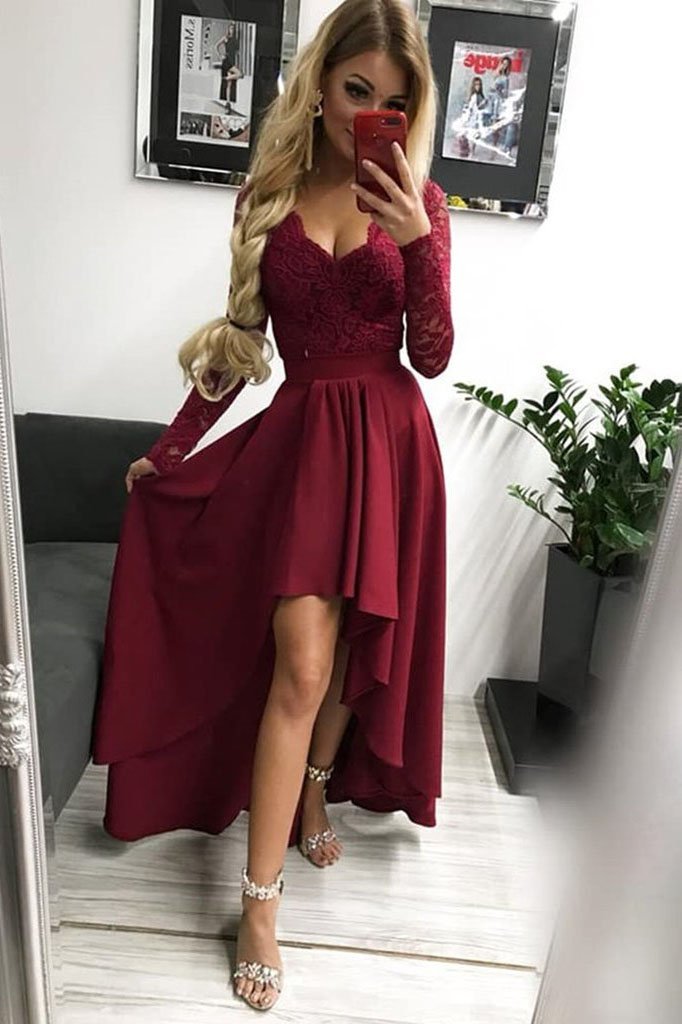 High Low Long Sleeves V Neck Prom Dress, Burgundy A Line Graduation Dress with Lace UQ1689 High Low Long Sleeves V Neck Prom Dress, Burgundy A Line Graduation Dress with Lace UQ1689