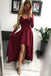 High Low Long Sleeves V Neck Prom Dress, Burgundy A Line Graduation Dress with Lace N1689