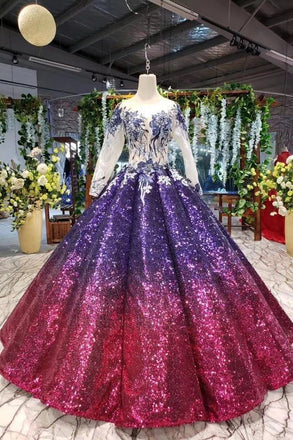 Ball Gown Long Sleeves Sequins Ombre Prom Dress, Puffy Quinceanera Dress N2309