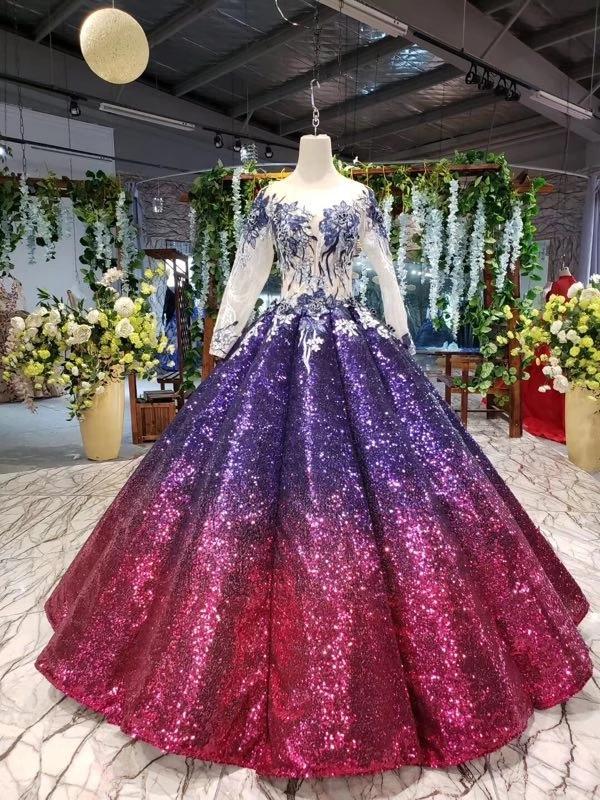Ball Gown Long Sleeves Sequins Ombre Prom Dress, Puffy Quinceanera Dre cherishgirls Ball Gown Long Sleeves Sequins Ombre Prom Dress, Puffy Quinceanera Dre cherishgirls