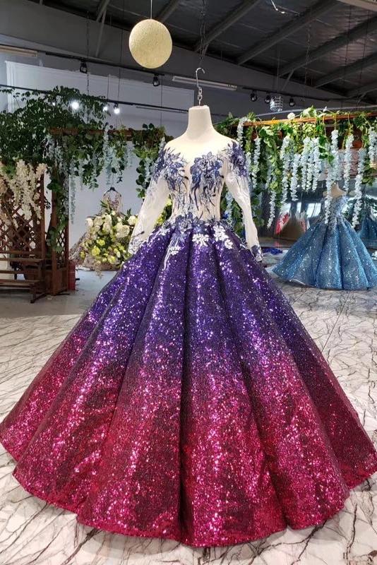 Ball Gown Long Sleeves Sequins Ombre Prom Dress, Puffy Quinceanera Dress UQ2309