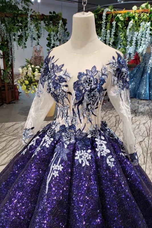 Ball Gown Long Sleeves Sequins Ombre Prom Dress, Puffy Quinceanera Dre   cherishgirls