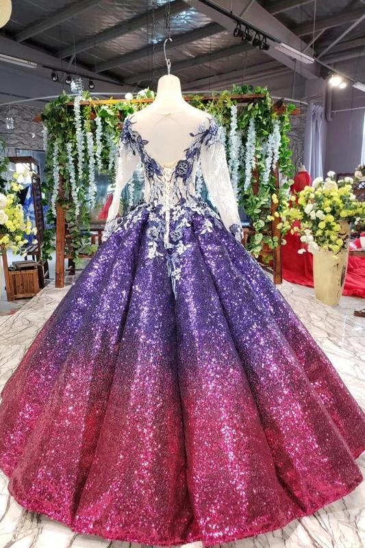 Ball Gown Long Sleeves Sequins Ombre Prom Dress, Puffy Quinceanera Dre –  cherishgirls