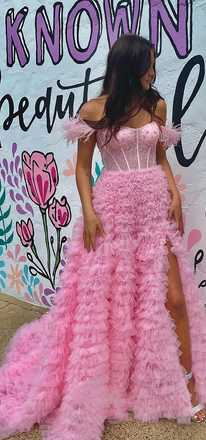Gorgeous Pink Tulle Off-the-Shoulder Long Prom Dress With Slit, Formal Dress CHP0205