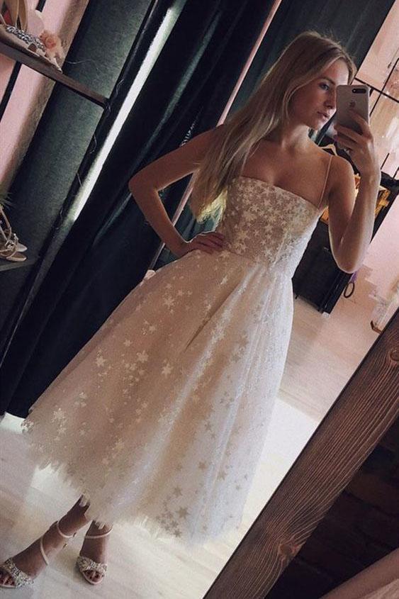 Ivory Spaghetti Strap Tea Length Starry Tulle Homecoming Dress, Midi Prom Dresses UB2372 cherishgirls Ivory Spaghetti Strap Tea Length Starry Tulle Homecoming Dress, Midi Prom Dresses UB2372 cherishgirls