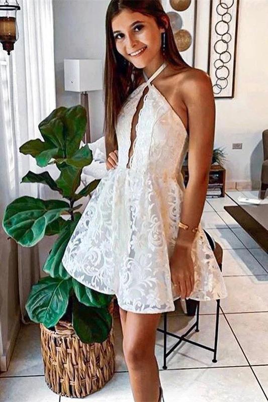 Lace Halter Sleeveless Short Homecoming Dresses, Unique Lace Short Pro cherishgirls Lace Halter Sleeveless Short Homecoming Dresses, Unique Lace Short Pro cherishgirls