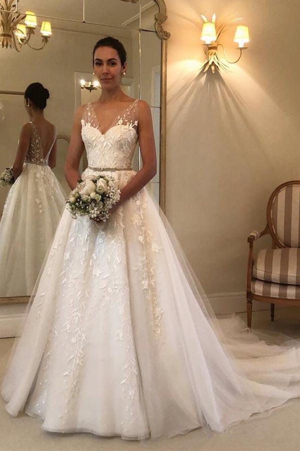 Romantic V Neck Beach Wedding Dress with Lace Appliques A Line