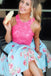 Light Blue Short Homecoming Dress with Hot Pink Lace Top, Knee Length Prom Gown N1809