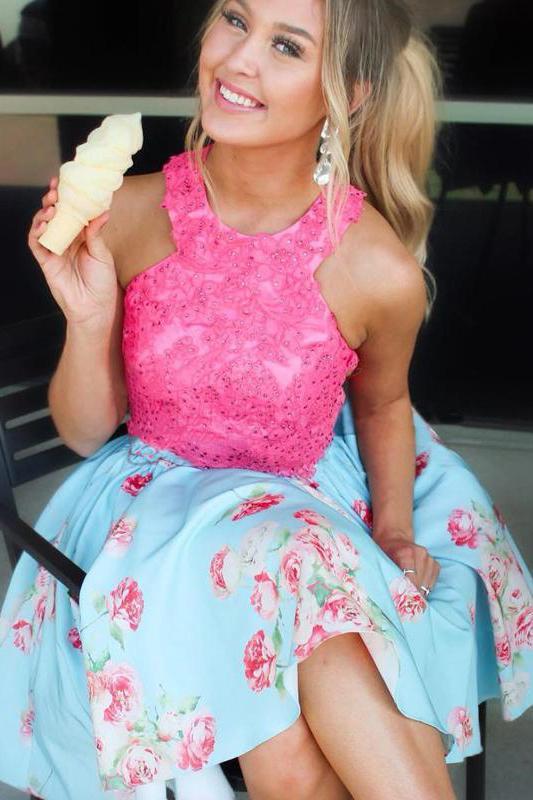 Light Blue Short Homecoming Dress with Hot Pink Lace Top, Knee Length Prom Gown UQ1809