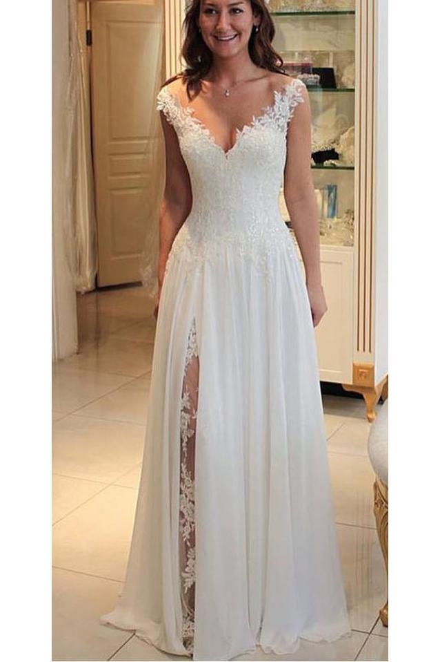 A Line Chiffon Beach Wedding Dress with Lace, Long Flowy Bridal Dress cherishgirls A Line Chiffon Beach Wedding Dress with Lace, Long Flowy Bridal Dress cherishgirls