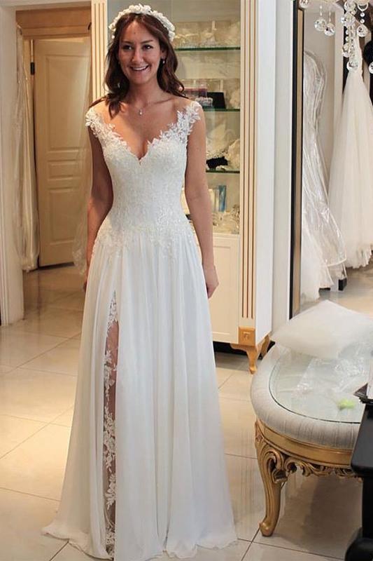 A Line Chiffon Beach Wedding Dress with Lace Long Flowy Bridal
