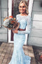 Light Sky Blue Long Sleeves Mermaid Two Piece Prom Dresses, Long Lace Evening Dress UQ2406