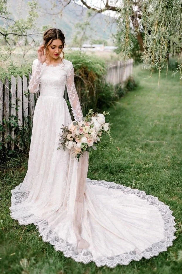 Long Sleeve Lace Round Neck Beach Wedding Dresses, Elegant Bride Gowns CHW0154