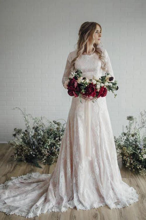A Line Long Sleeve Lace Wedding Dresses Plus Size Vintage Rustic Wedding Dress N2263