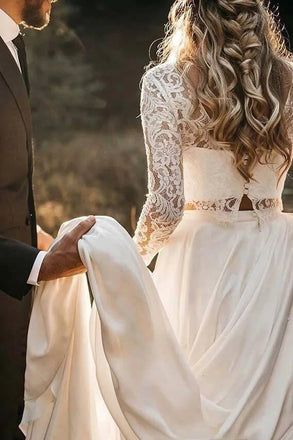 Long Sleeve Two Pieces Lace Round Neck Beach Wedding Dresses Chiffon Boho Bride Gowns CHW0039