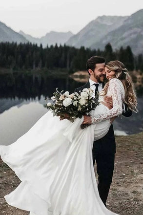 Long Sleeve Two Pieces Lace Round Neck Beach Wedding Dresses Chiffon Boho Bride Gowns CHW0039