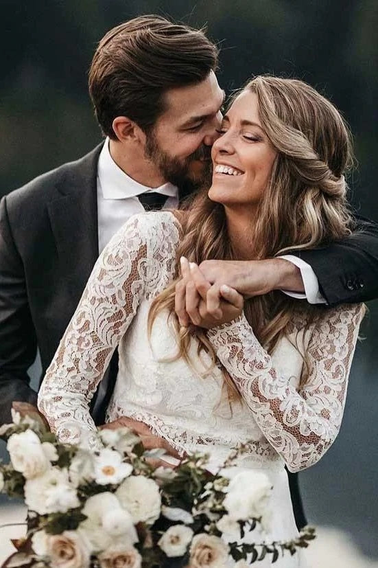 Long Sleeve Two Pieces Lace Round Neck Beach Wedding Dresses Chiffon Boho Bride Gowns CHW0039