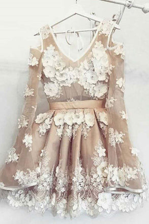 Cute Long Sleeve V Neck Lace Appliques Homecoming Gown, Gorgeous Short Prom Dress N1872