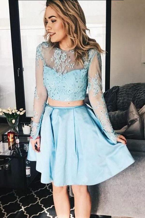 Two Piece Long Sleeve Light Sky Blue Homecoming Dresses, Cute Beaded Short Prom Dress N1867