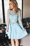 Two Piece Long Sleeve Light Sky Blue Homecoming Dresses, Cute Beaded Short Prom Dress UQ1867