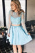 Two Piece Long Sleeve Light Sky Blue Homecoming Dresses, Cute Beaded Short Prom Dress UQ1867