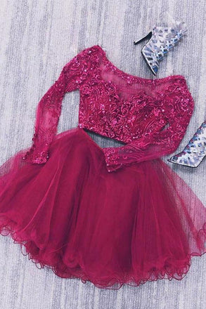 Two Piece Long Sleeves Tulle Short Homecoming Dress with Lace Beads, Short Prom Dress N1694