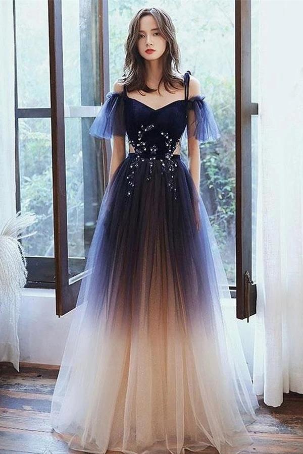cherishgirl Ombre Tulle Short Sleeves Long Prom Dress, Princess Evening Dress chp0015 cherishgirl Ombre Tulle Short Sleeves Long Prom Dress, Princess Evening Dress chp0015
