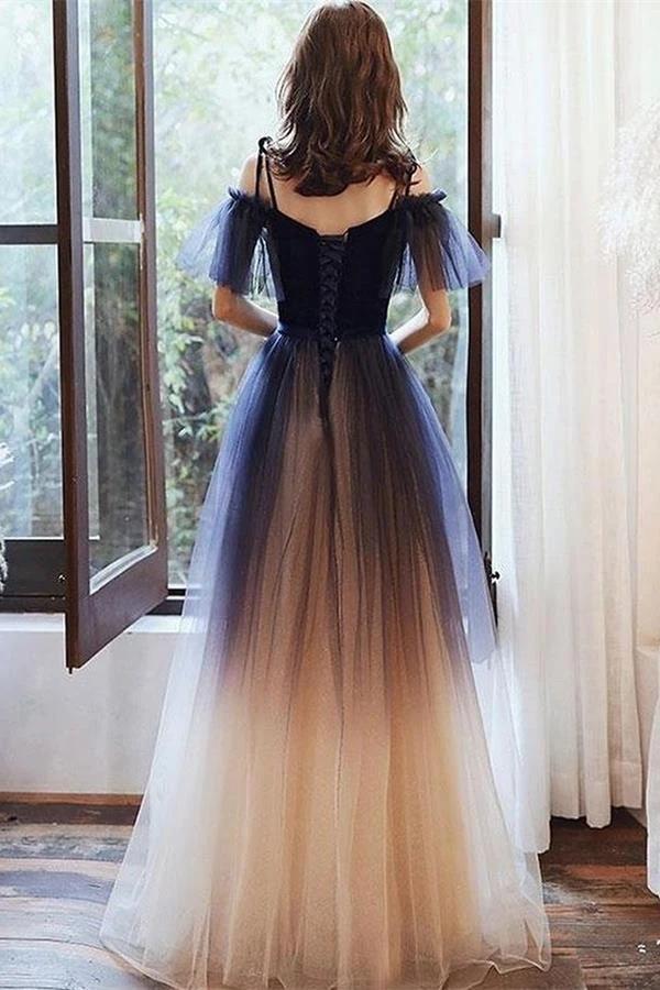 cherishgirl Ombre Tulle Short Sleeves Long Prom Dress, Princess Evening Dress chp0015
