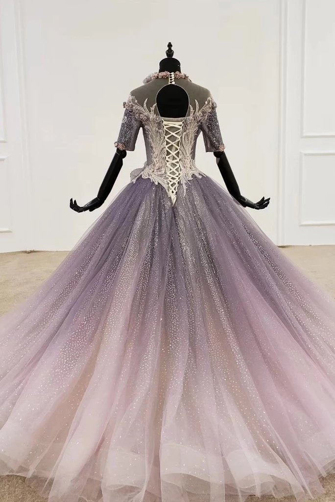 Sparkly Ball Gown Half Sleeves Wedding Dress with Flowers, Gorgeous Pr cherishgirls Sparkly Ball Gown Half Sleeves Wedding Dress with Flowers, Gorgeous Pr cherishgirls