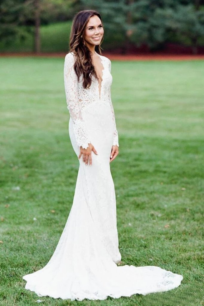Elegant Mermaid Wedding Dresses Backless Long Sleeve Lace Wedding Gown UQ2056